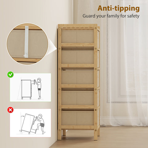 Cream white homcom chest of drawers with five fabric drawers and bamboo frame with safety anti-tip bracket