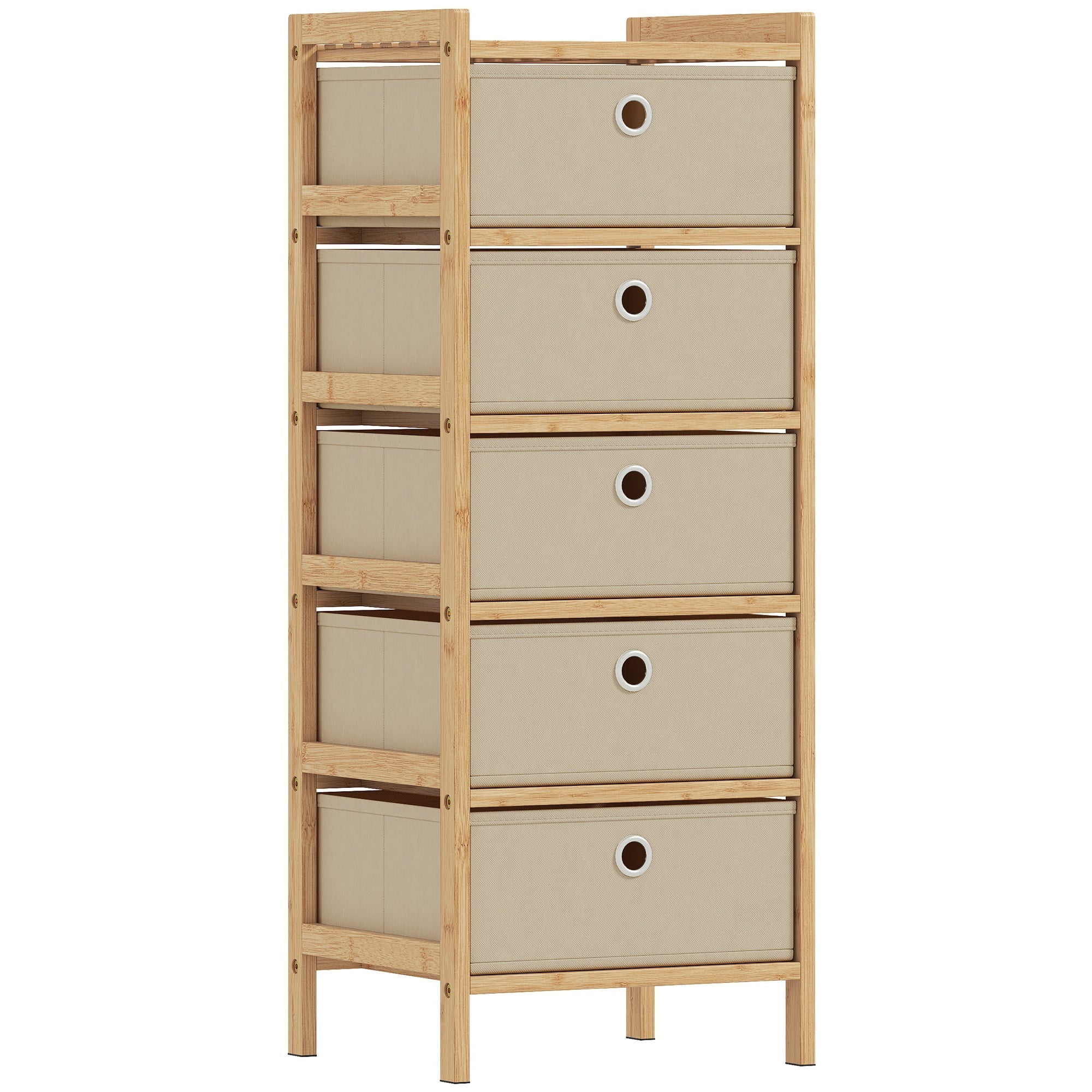 Homcom chest of drawers with five fabric drawers and beige fabric drawers in a bamboo frame with white handles