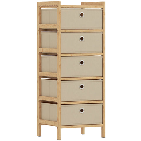 Homcom chest of drawers with five fabric drawers and beige fabric drawers in a bamboo frame with white handles