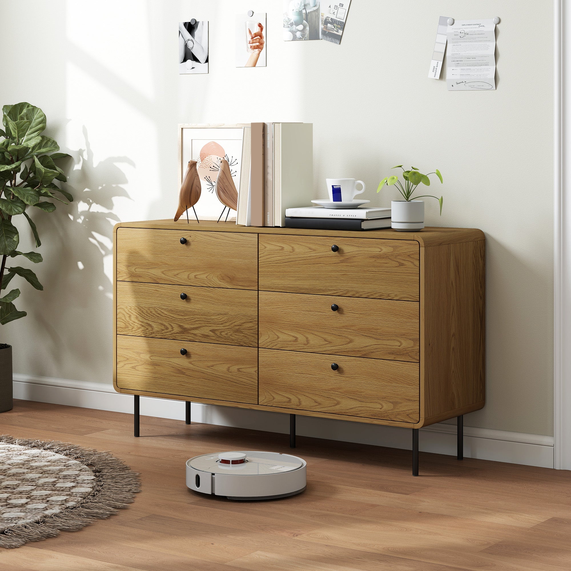 Homcom chest of drawers in oak with six spacious drawers black metal legs and round black knobs