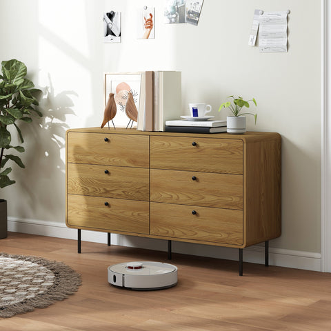 Homcom chest of drawers in oak with six spacious drawers black metal legs and round black knobs