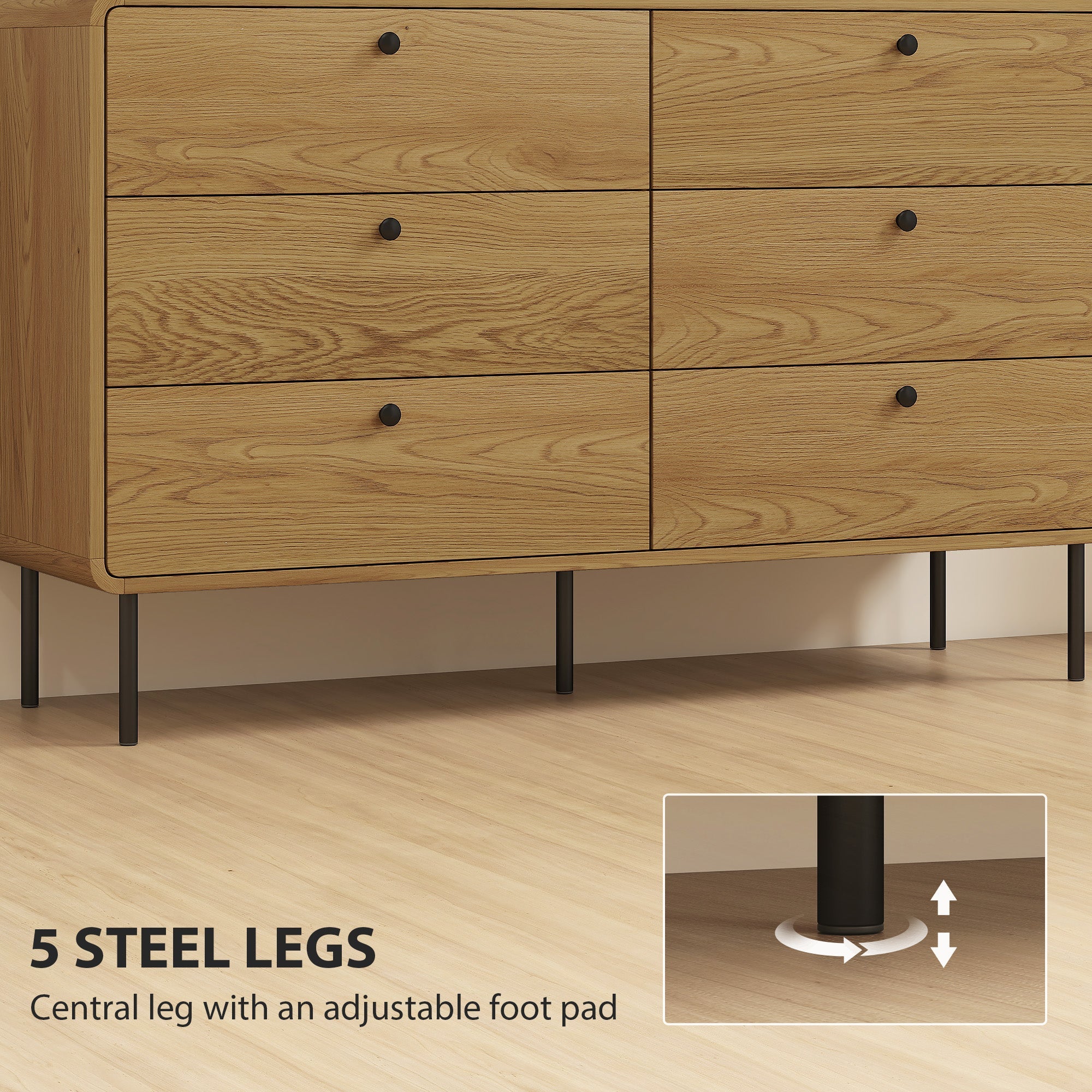 Light oak homcom chest with six spacious drawers and black steel legs for stylish storage and durability