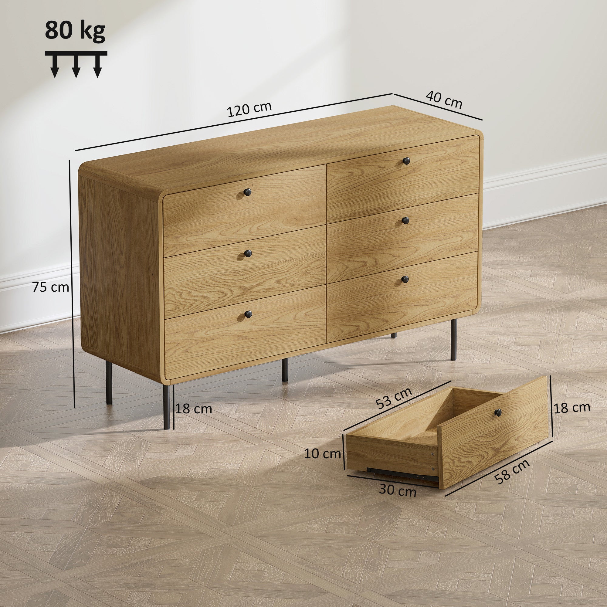 Light oak homcom chest of drawers with six spacious drawers and black metal legs for stylish storage