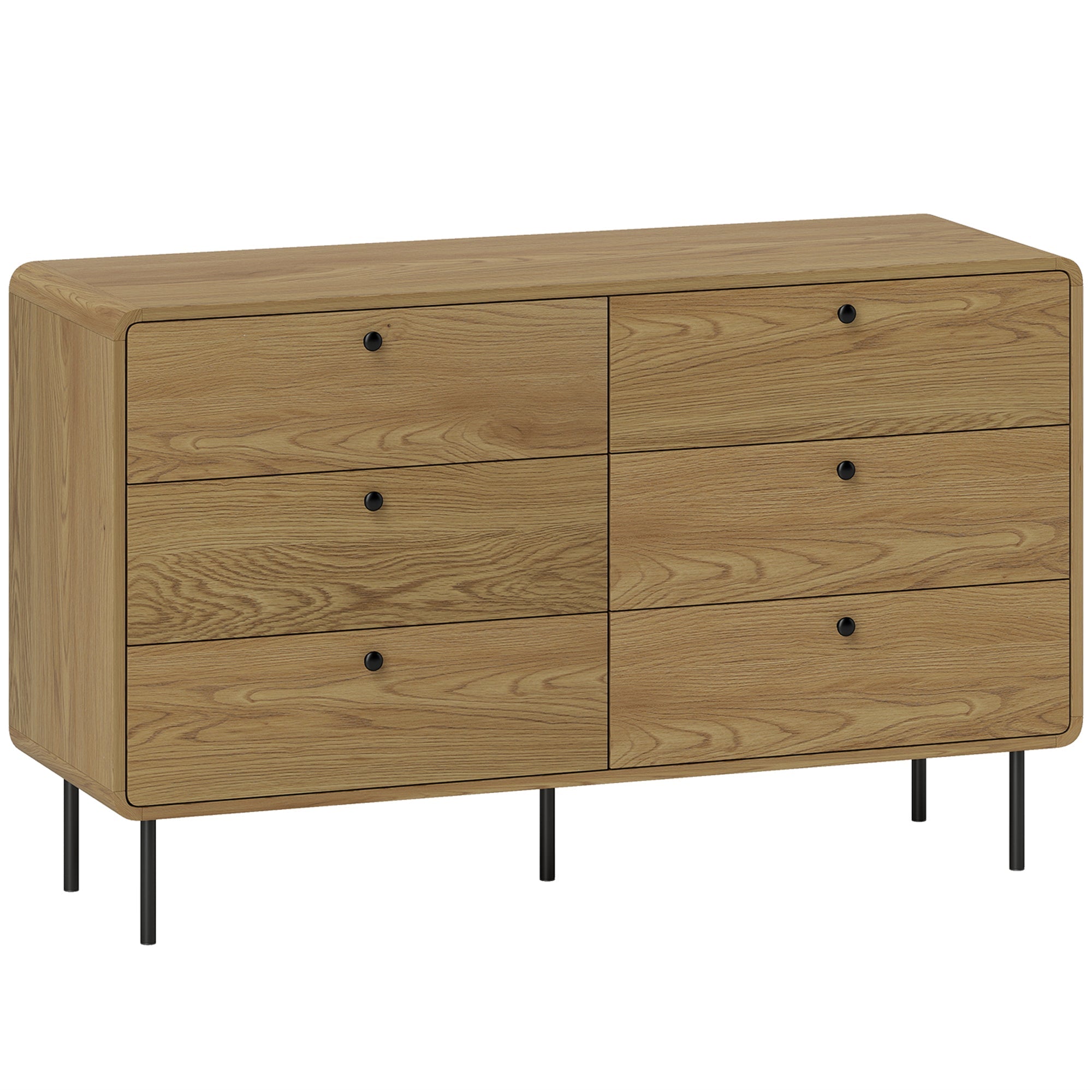 Homcom chest of drawers with six spacious drawers in light oak wood and black metal legs for stylish storage