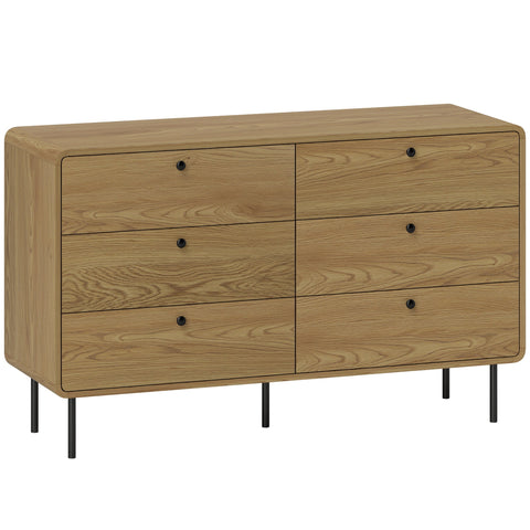 Homcom chest of drawers with six spacious drawers in light oak wood and black metal legs for stylish storage