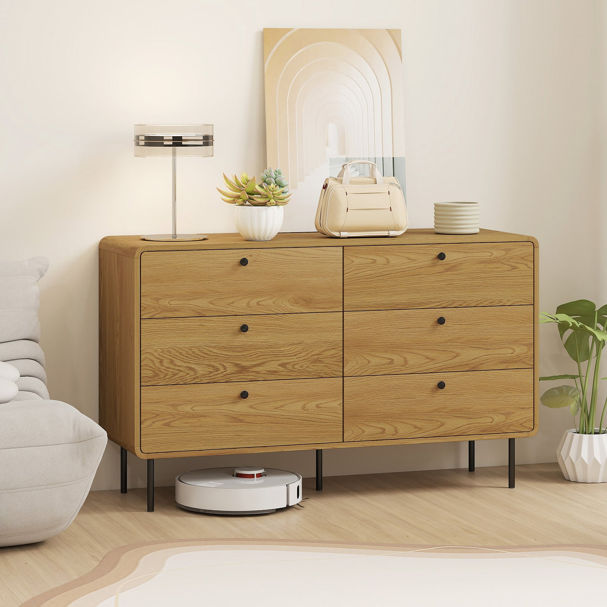 Light oak homcom chest dresser with six spacious drawers and black metal legs perfect for bedroom storage