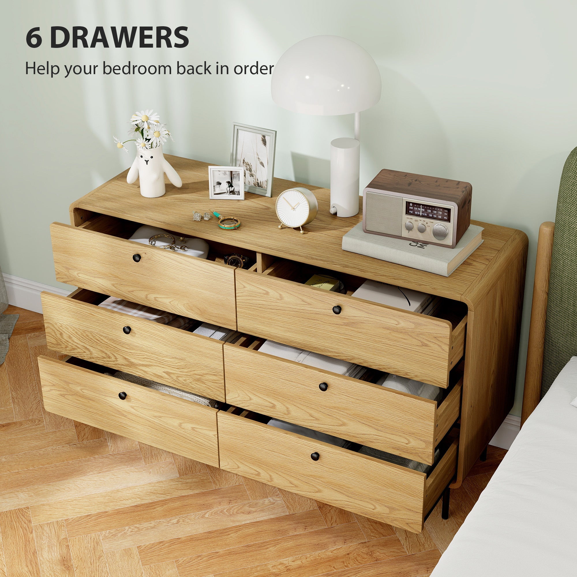 Light oak wooden homcom chest of drawers with six spacious drawers and black round knobs for stylish storage