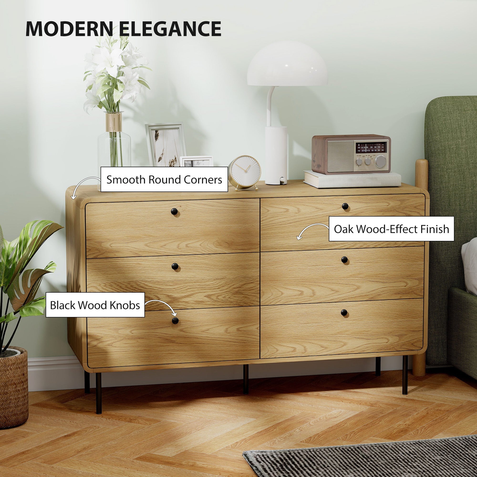 Homcom chest of drawers oak wood dresser with six spacious drawers smooth round corners and black wood knobs