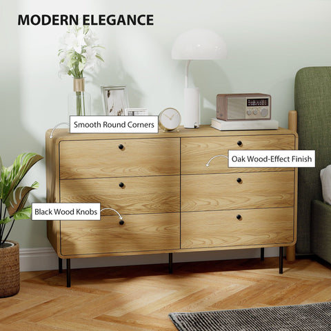 Homcom chest of drawers oak wood dresser with six spacious drawers smooth round corners and black wood knobs