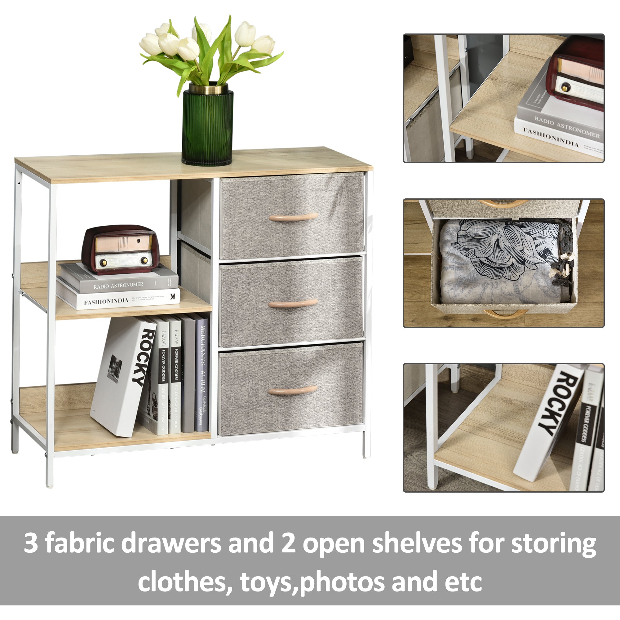 Homcom chest of drawers storage with three small gray fabric drawers wooden handles light wood shelves white metal frame