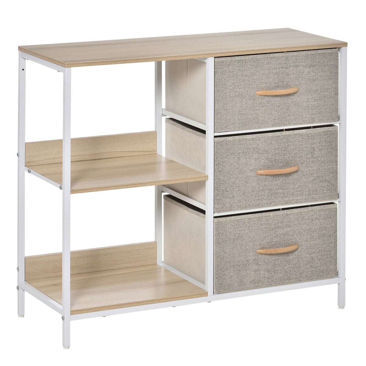 Modern white metal frame chest of drawers with light wood top and three small gray fabric drawers for living room use
