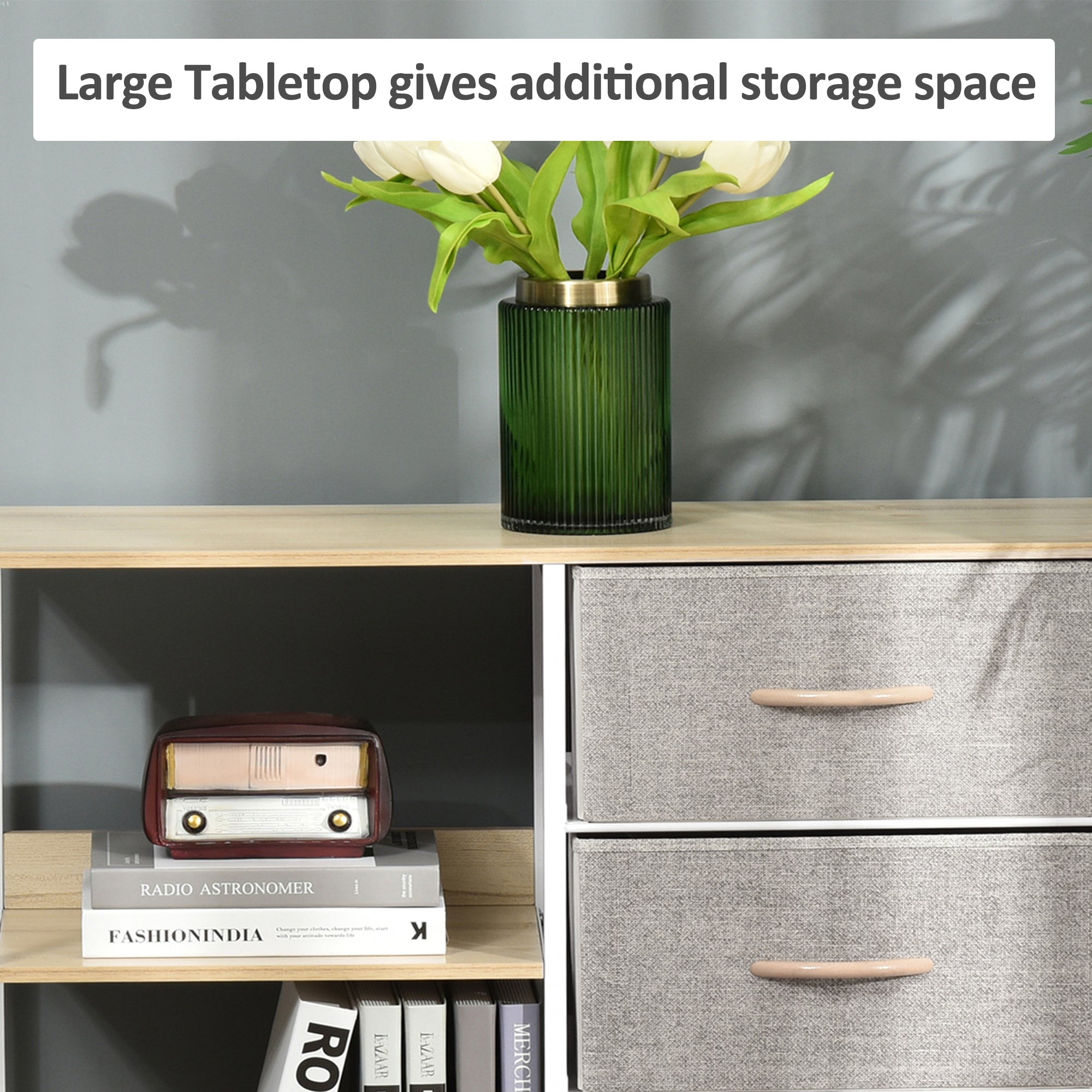 Homcom beige chest of drawers with three small fabric drawers and a green ribbed glass vase holding white tulips