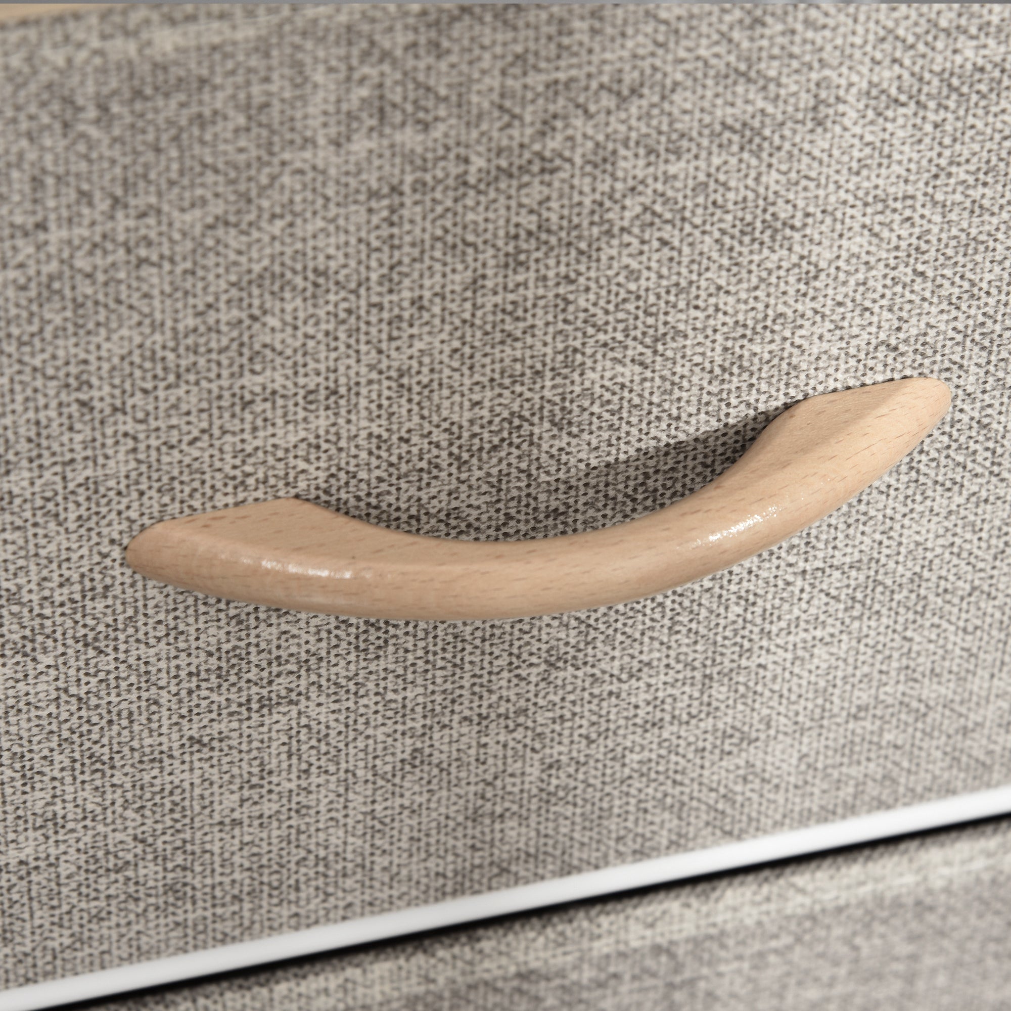 Beige homcom chest of drawers with light wood handle on three small fabric drawers for living room storage