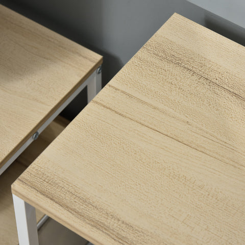 Light oak wood-grain tabletop dresser cabinet with white metal legs and three small drawers for living room storage