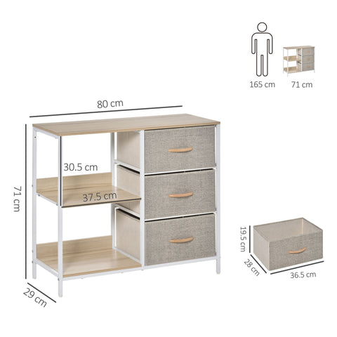 Beige homcom chest of drawers with white metal frame light wood top and three small fabric drawers for living room use