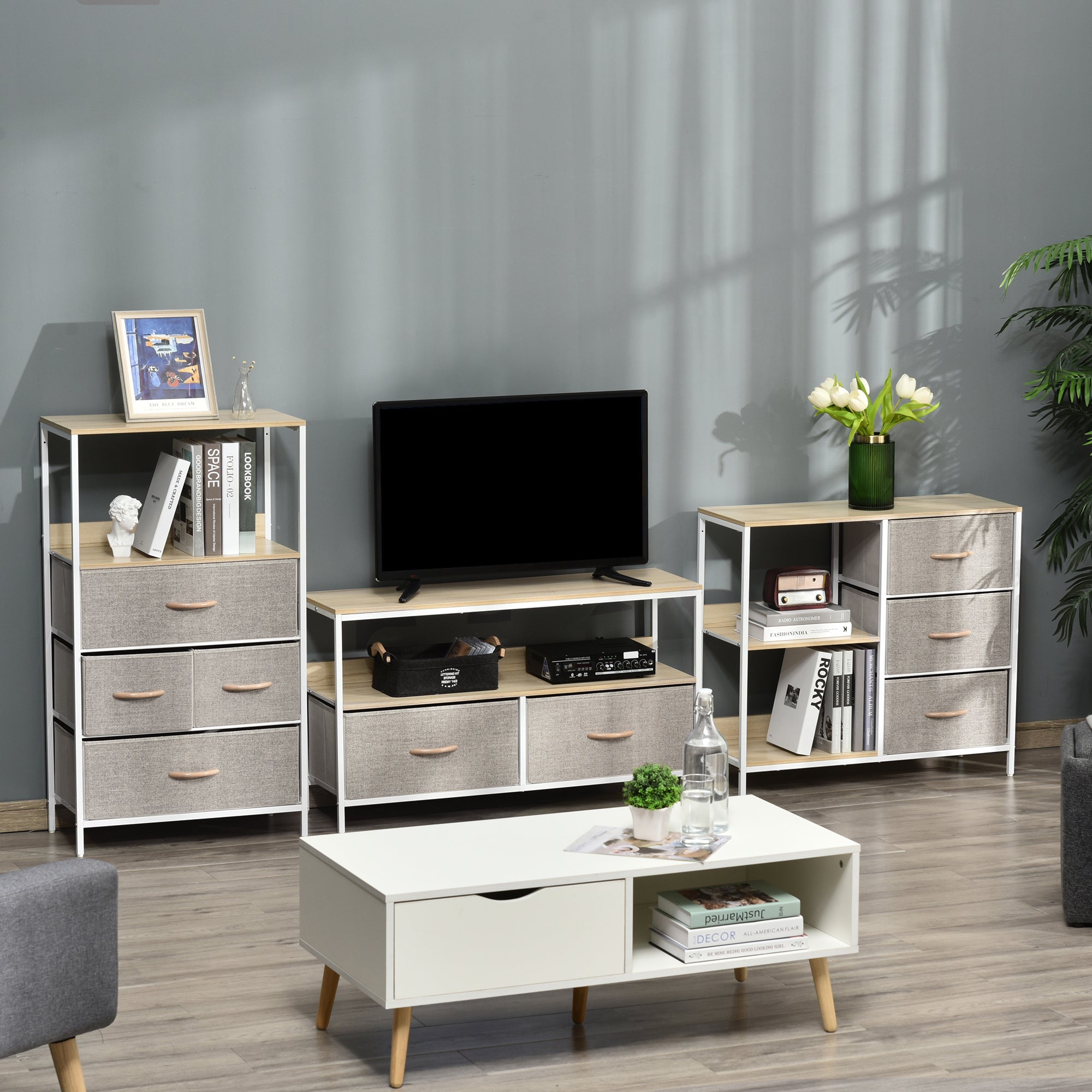 Homcom chest of drawers with three small fabric drawers beige gray finish light wood accents and metal frame for living room