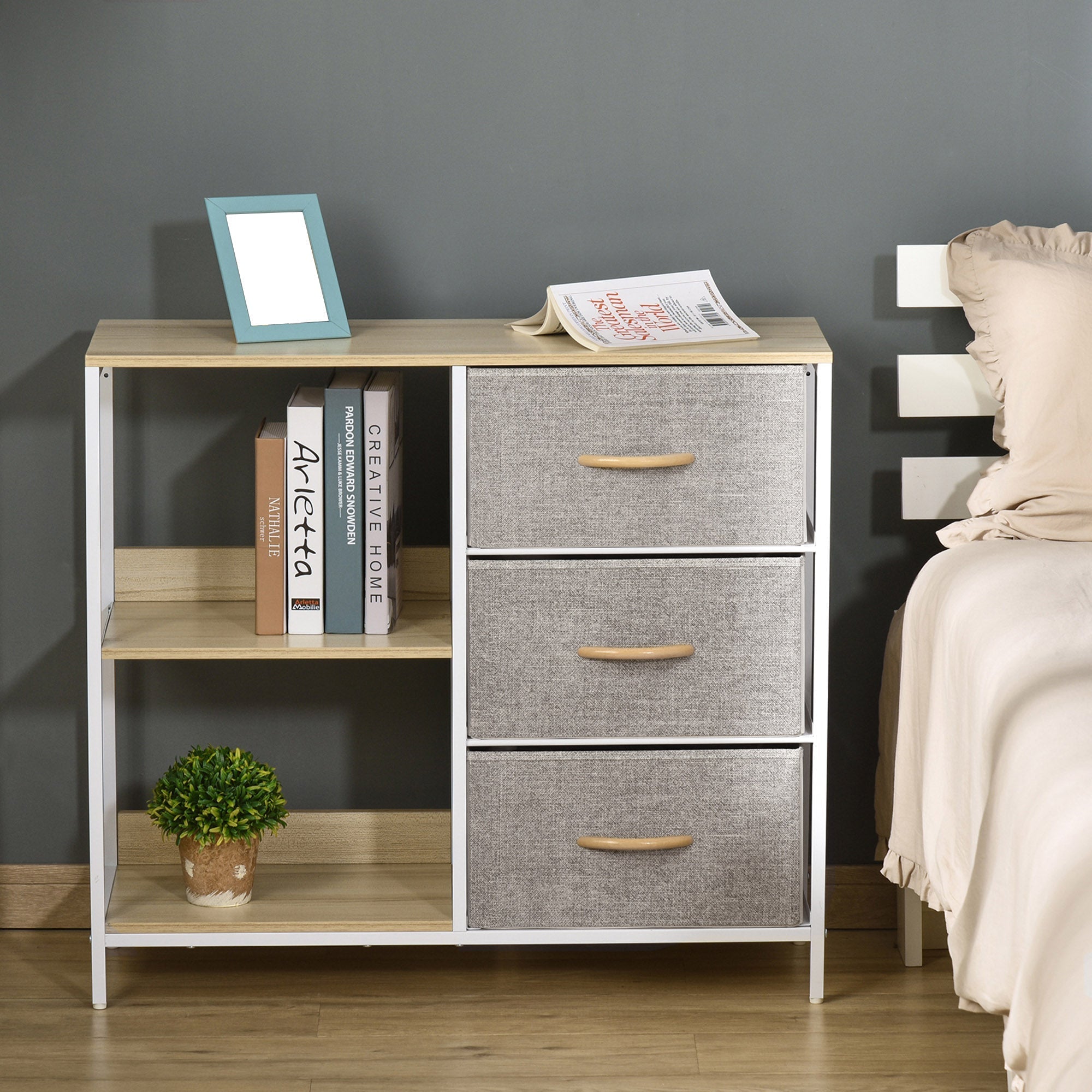 Homcom chest of drawers with three small fabric drawers beige gray fabric drawers and wooden handles on white metal frame