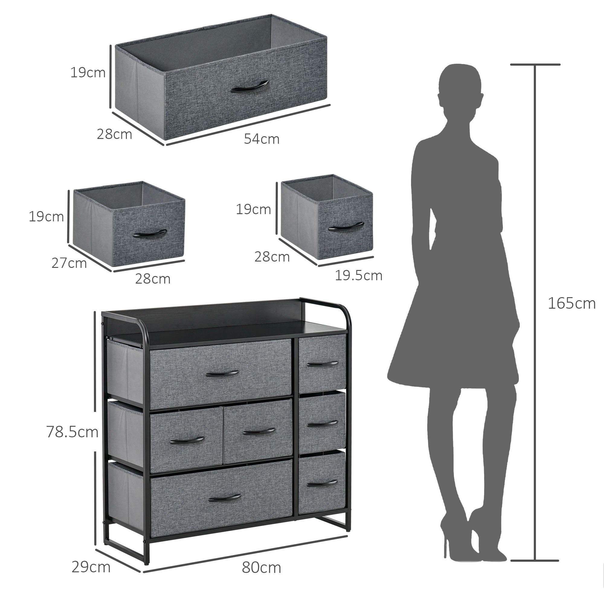 Gray fabric drawer organizer with black metal frame and handles featuring two large, two medium, and three small drawers