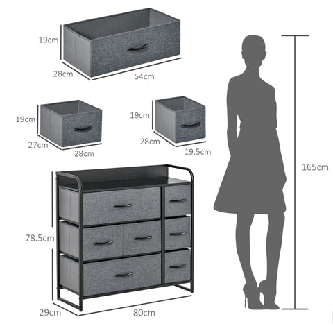 Gray fabric drawer organizer with black metal frame and handles featuring two large, two medium, and three small drawers