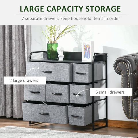 Homcom gray fabric chest of drawers with black metal frame featuring two large two medium and three small foldable drawers