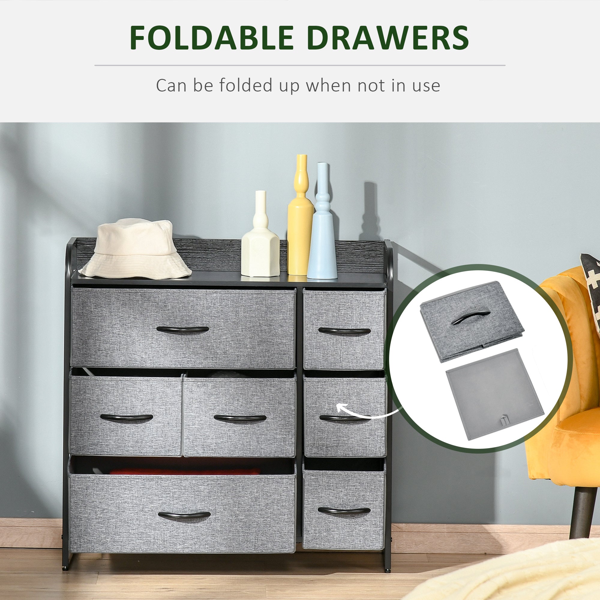 Homcom chest of drawers with two large two medium and three small grey foldable fabric drawers and black metal frame