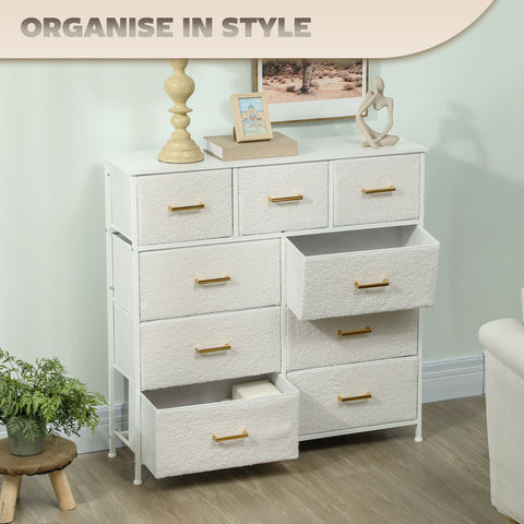 Homcom cream white fabric dresser with 9 boucle fabric drawers gold-tone handles and adjustable feet pads