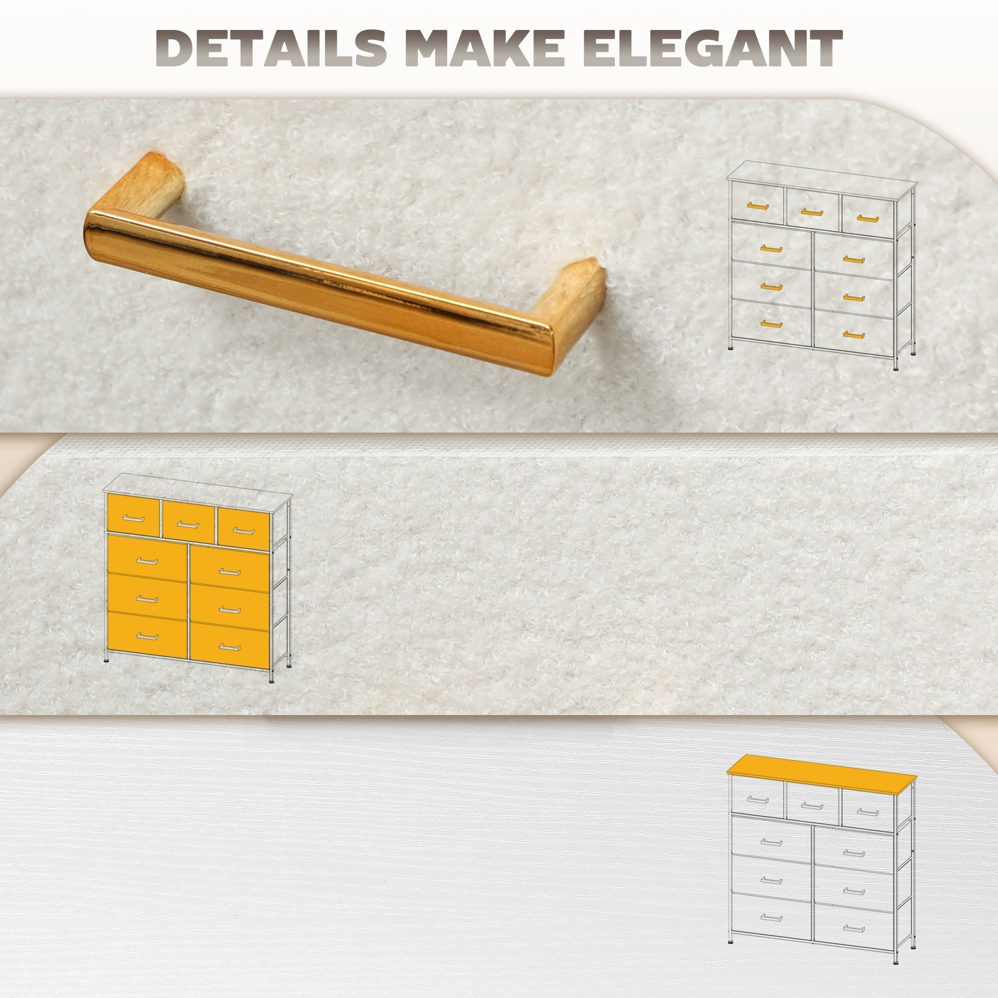 Gold-colored sleek metal drawer handle on homcom chest of drawers with cream white boucle fabric drawers and adjustable feet pads