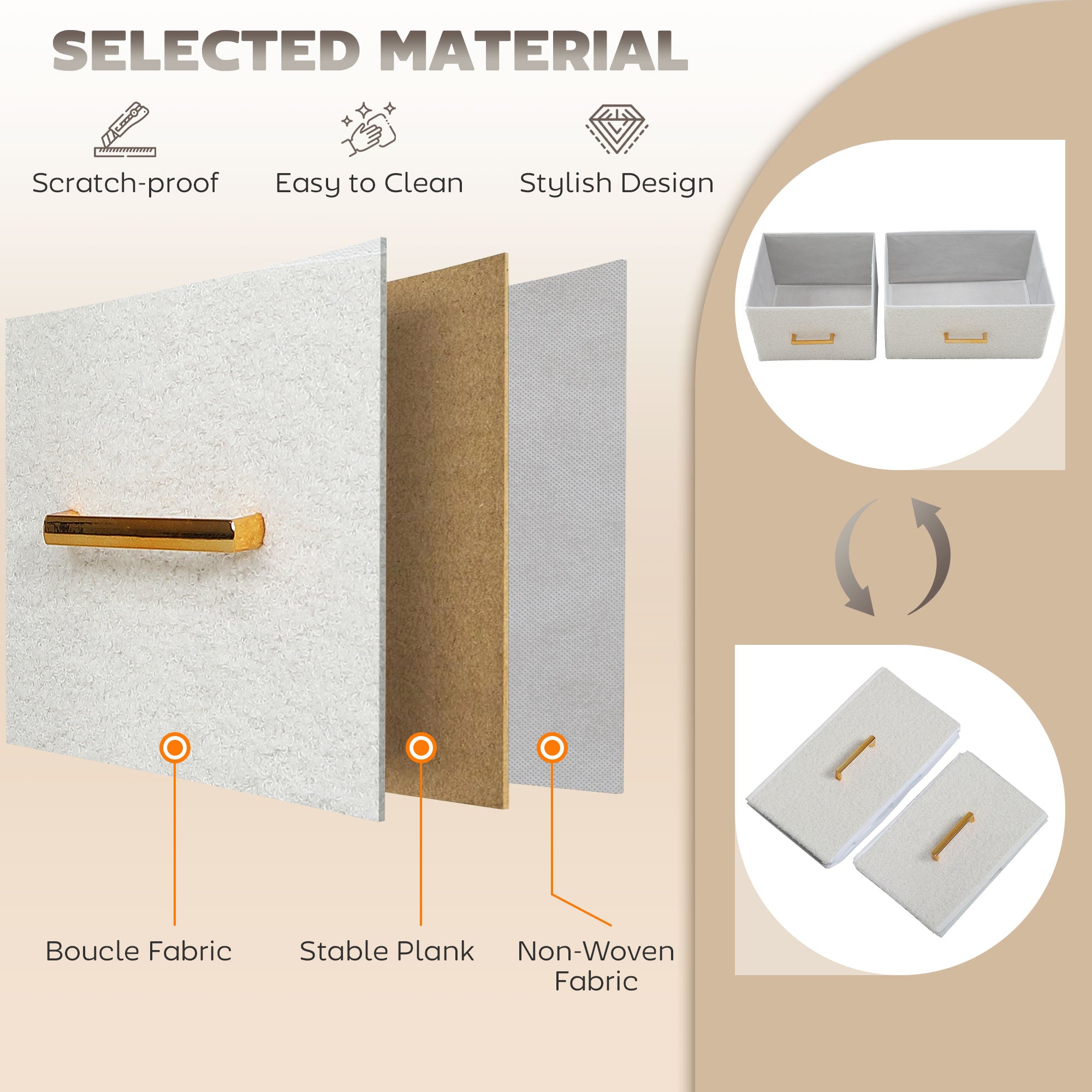 Cream white homcom chest of drawers with boucle fabric drawers gold handle stable plank and adjustable feet pads