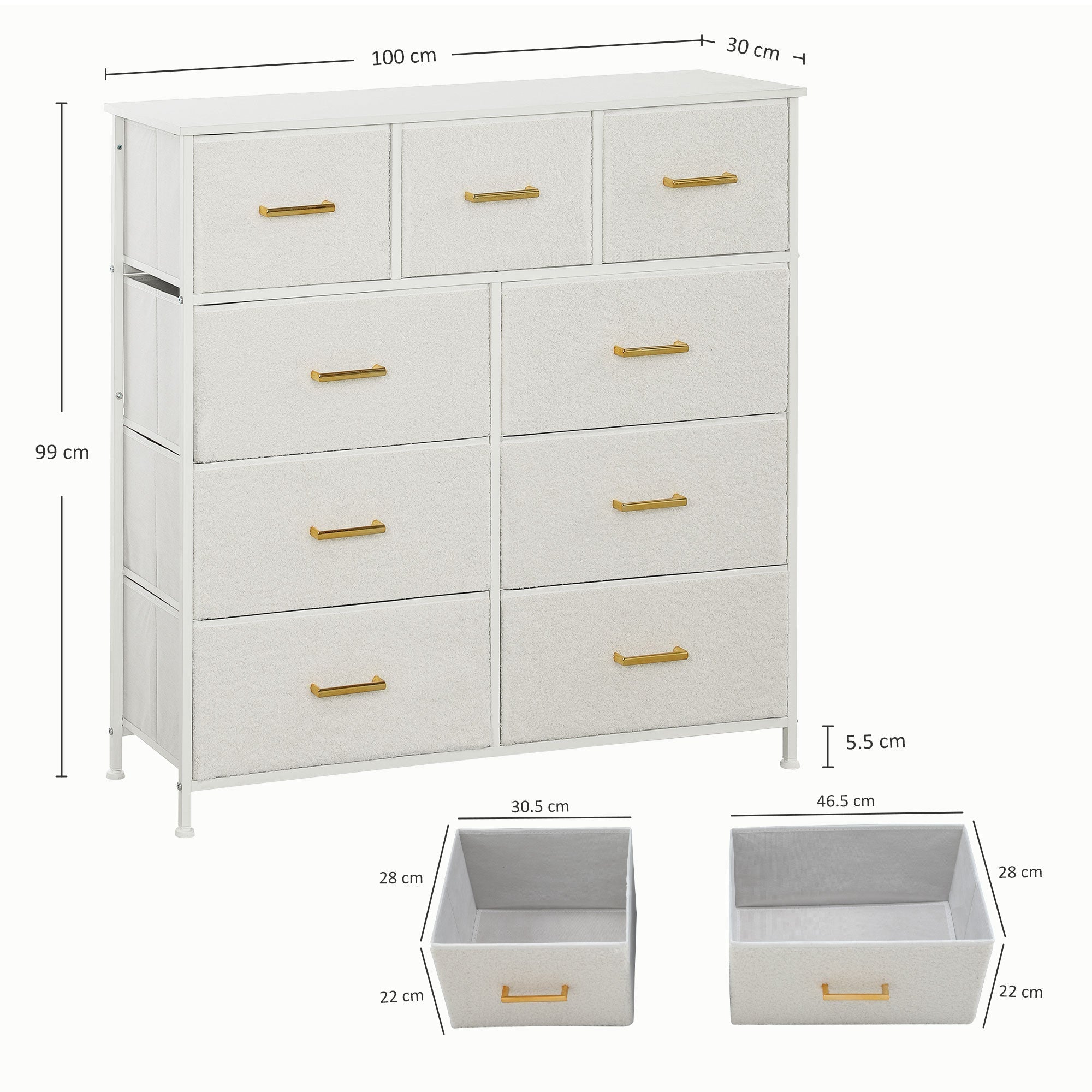 Cream white homcom chest of drawers with boucle fabric drawers gold-tone handles and adjustable feet pads