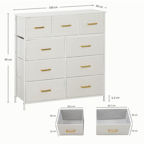 Cream white homcom chest of drawers with boucle fabric drawers gold-tone handles and adjustable feet pads