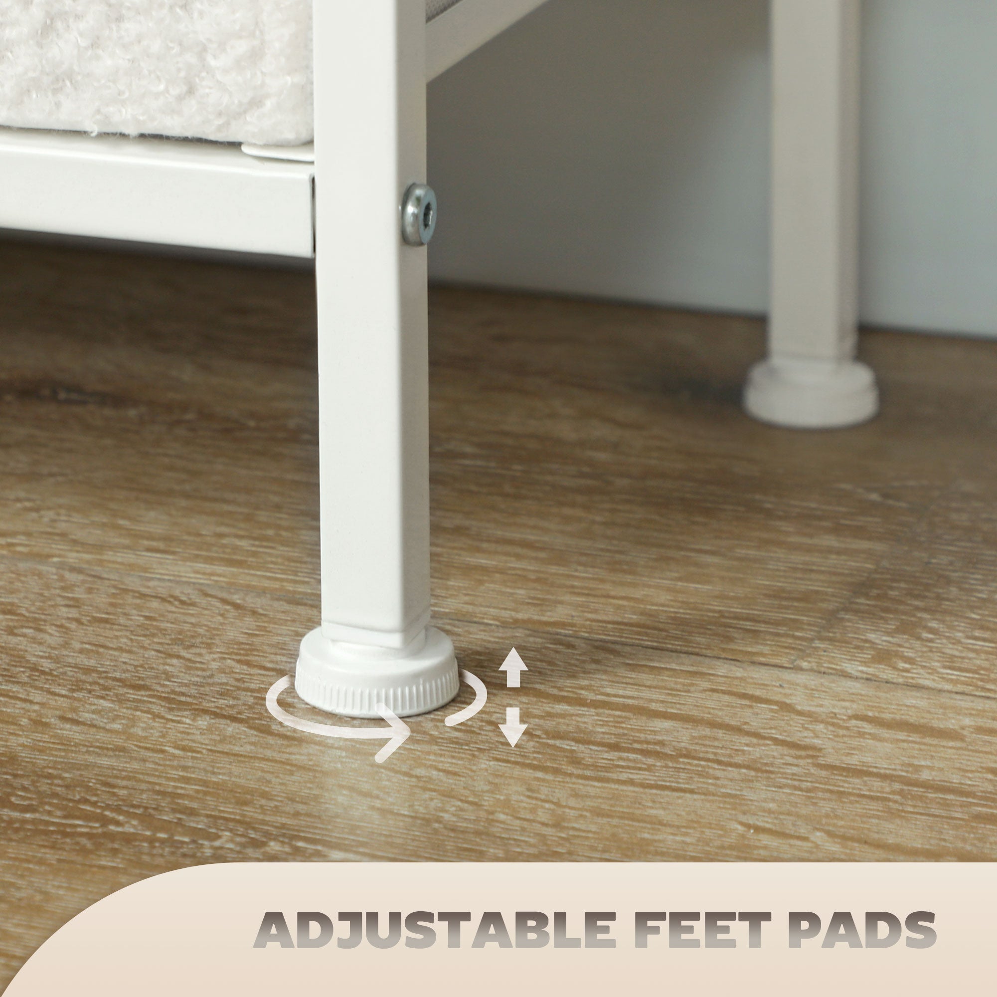 White adjustable feet pads with ribbed texture for leveling boucle fabric drawers in homcom cream white chest of drawers