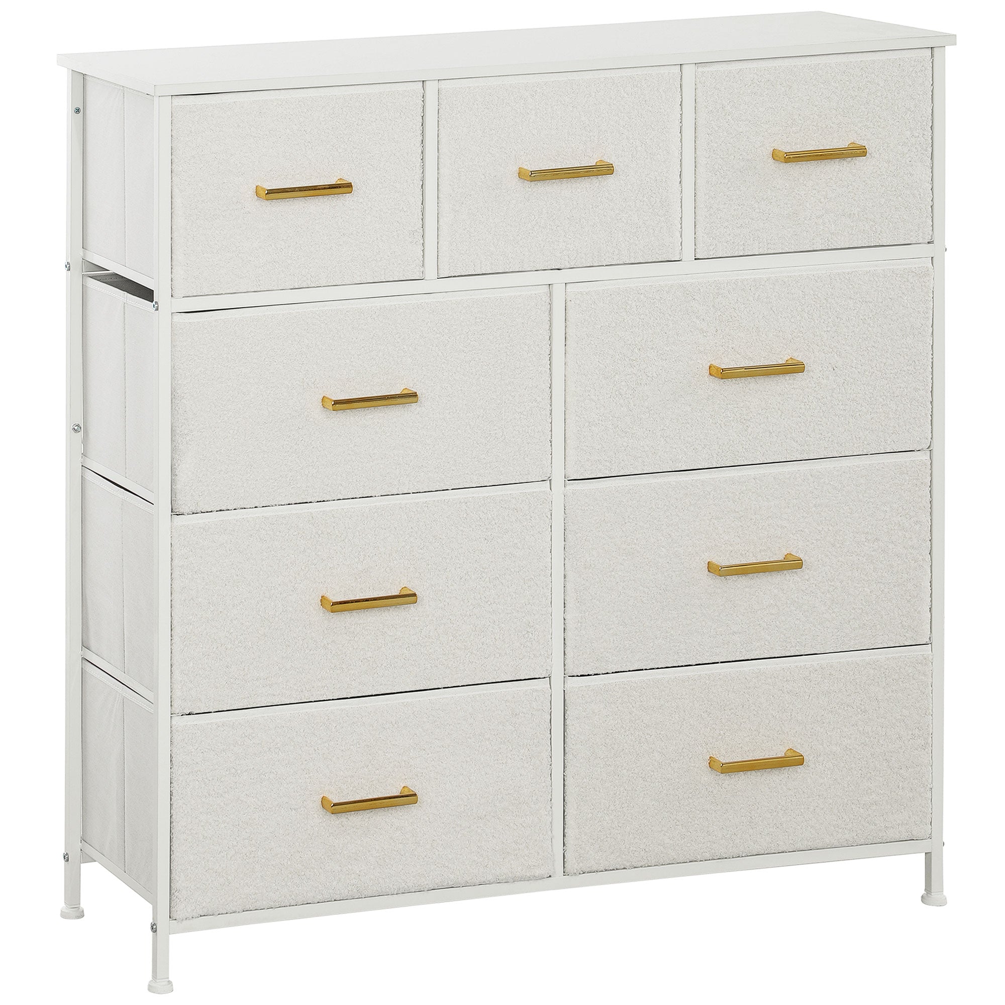 HOMCOM chest of drawers with 9 cream white boucle fabric drawers, gold-tone handles, metal frame, and adjustable feet pads