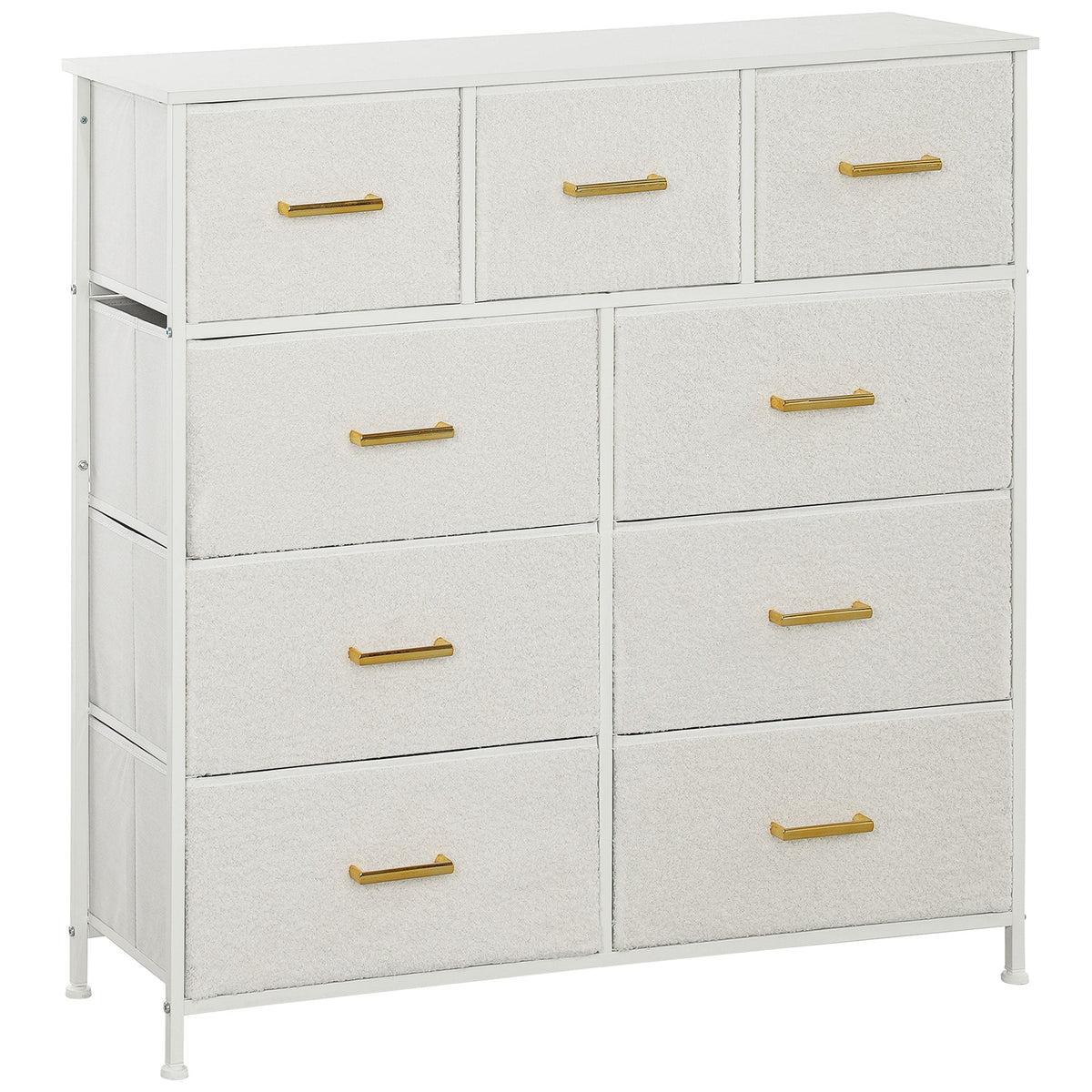 HOMCOM chest of drawers with 9 cream white boucle fabric drawers, gold-tone handles, metal frame, and adjustable feet pads