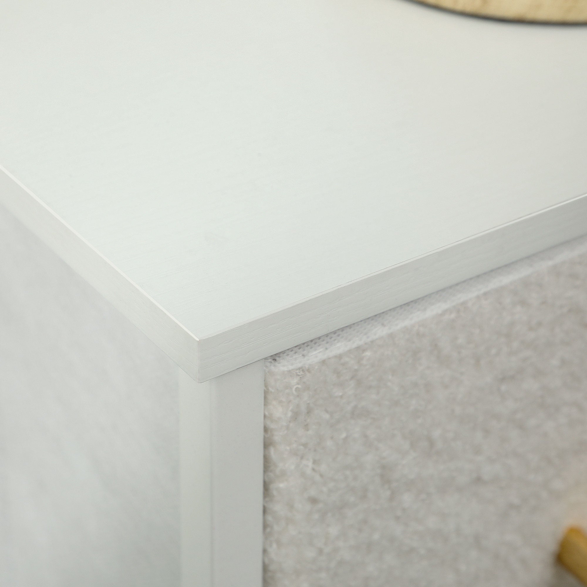 White homcom chest of drawers with boucle fabric drawers, cream white steel frame, and adjustable feet pads