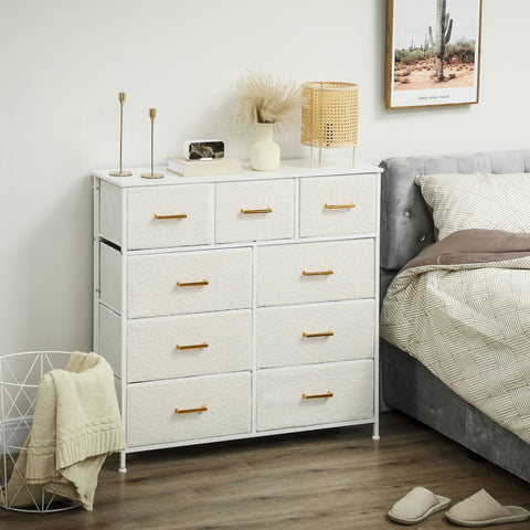 Cream white homcom chest of drawers with boucle fabric drawers gold-tone handles and adjustable feet pads for storage