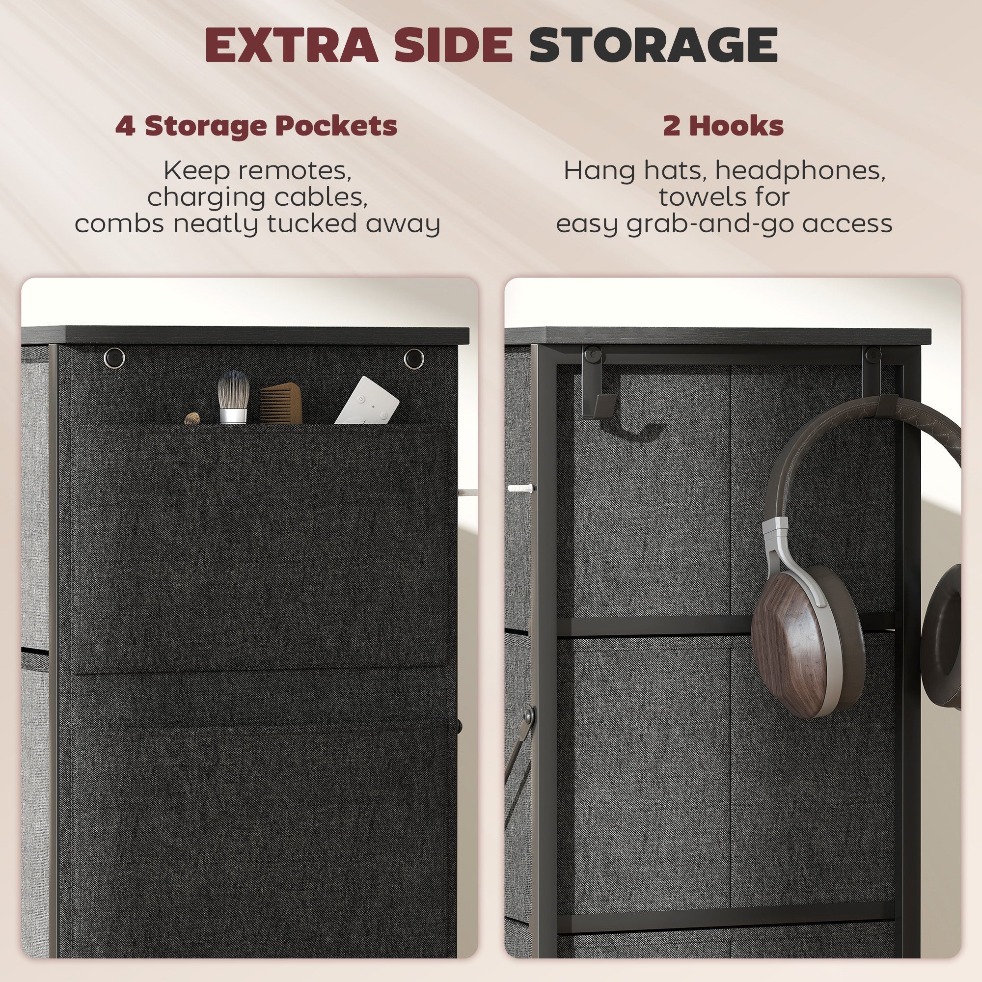 Homcom chest of eight fabric drawers in charcoal grey with steel frame two hooks and adjustable feet for easy organizing