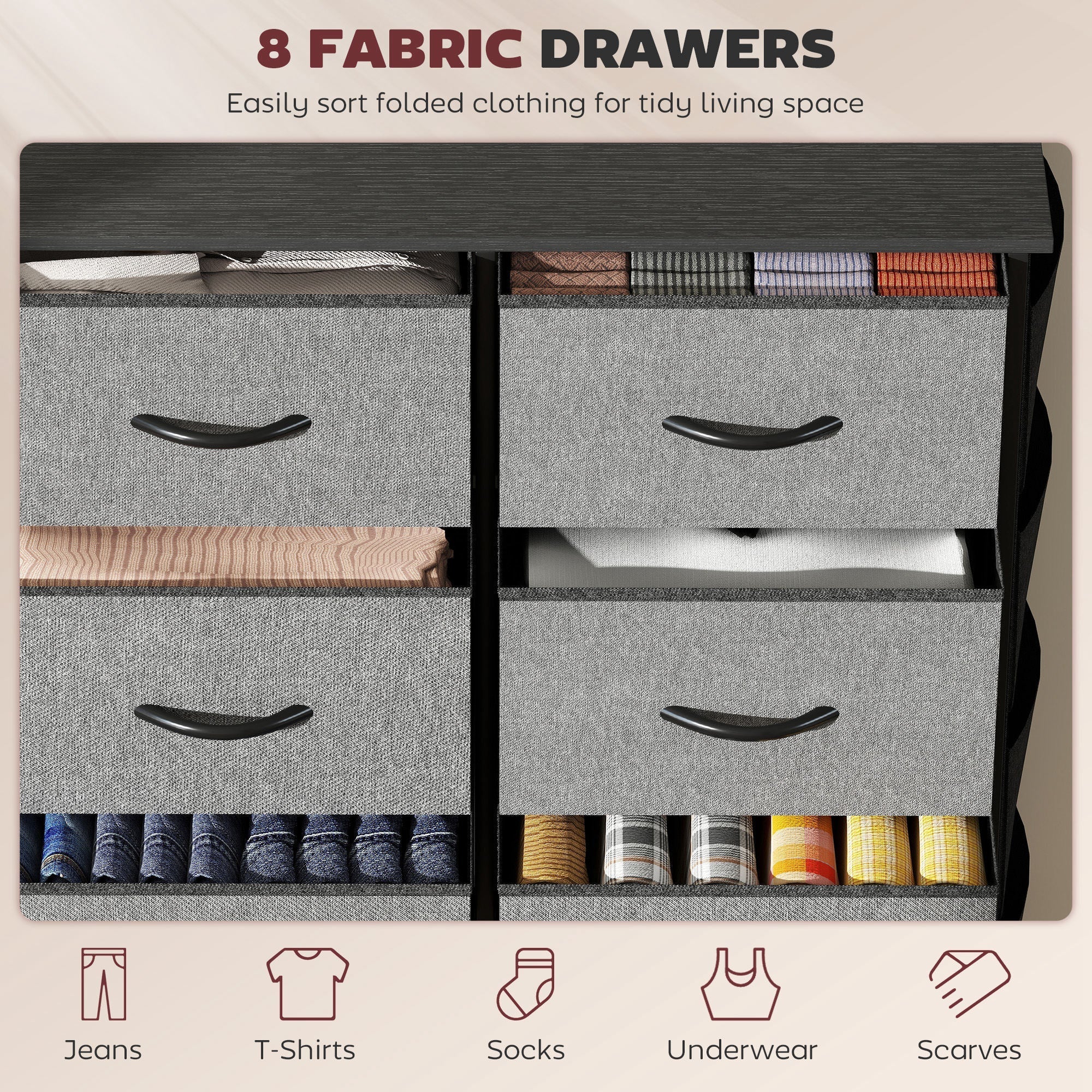 Charcoal grey homcom chest of eight fabric drawers with black handles steel frame and adjustable feet for organizing clothes