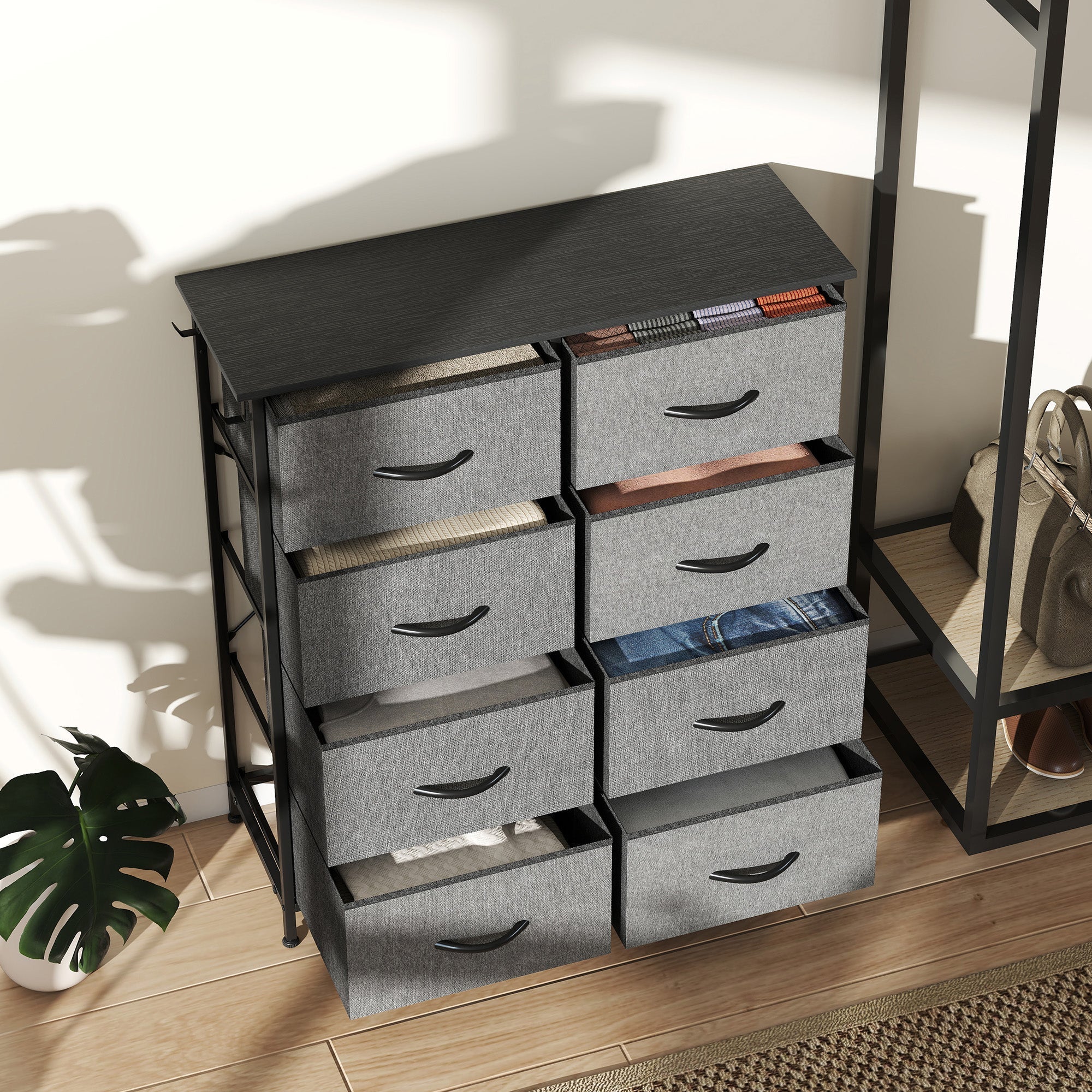 Homcom chest of eight fabric drawers in charcoal grey with steel frame black handles and adjustable feet