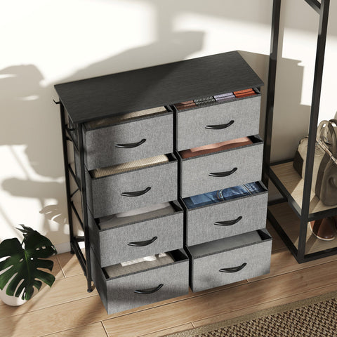Homcom chest of eight fabric drawers in charcoal grey with steel frame black handles and adjustable feet