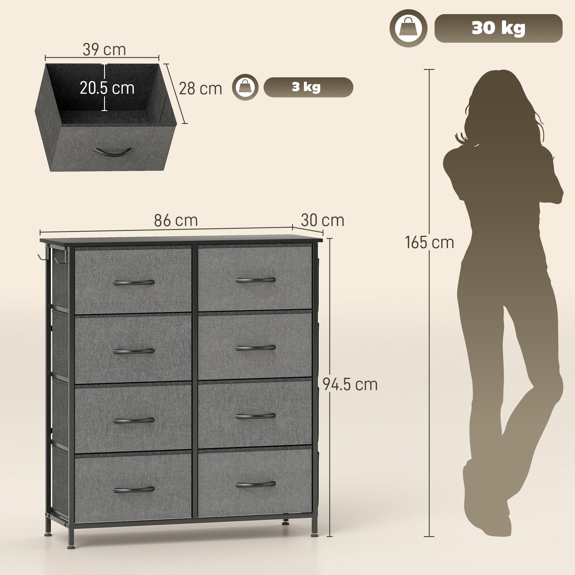 Charcoal grey homcom chest of eight fabric drawers with steel frame, black handles, two hooks, and adjustable feet