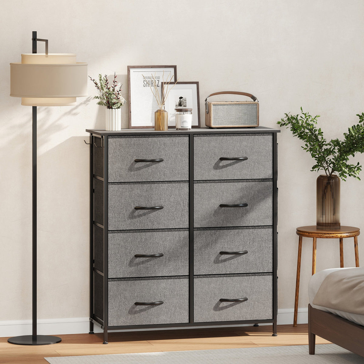 Homcom chest of eight fabric drawers in charcoal grey with steel frame black handles and adjustable feet for easy use