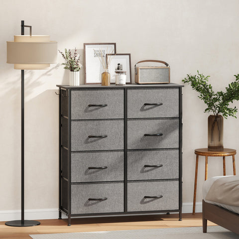 Homcom chest of eight fabric drawers in charcoal grey with steel frame black handles and adjustable feet for easy use