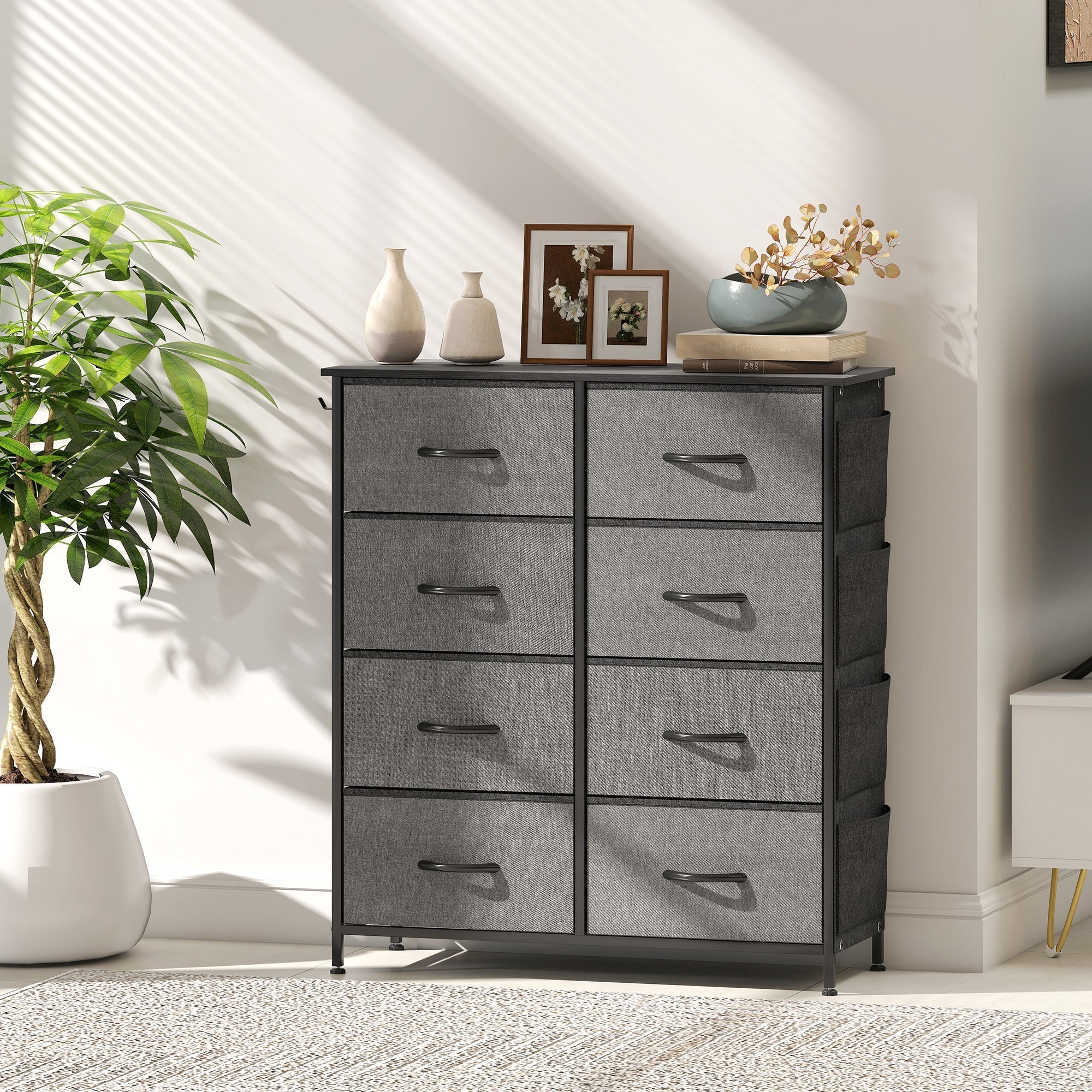 Charcoal grey homcom chest of eight fabric drawers with steel frame black handles and adjustable feet