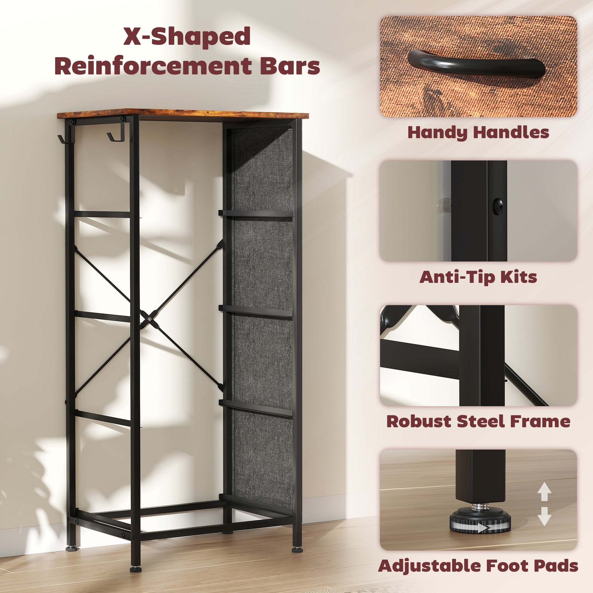 Black metal rack with wooden top and gray fabric panels featuring steel frame and adjustable feet for stable storage