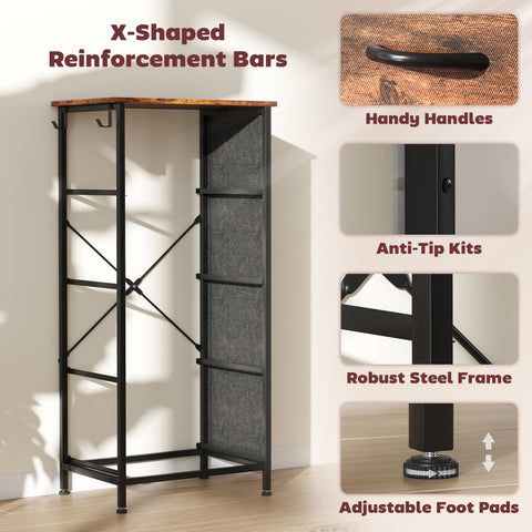 Black metal rack with wooden top and gray fabric panels featuring steel frame and adjustable feet for stable storage