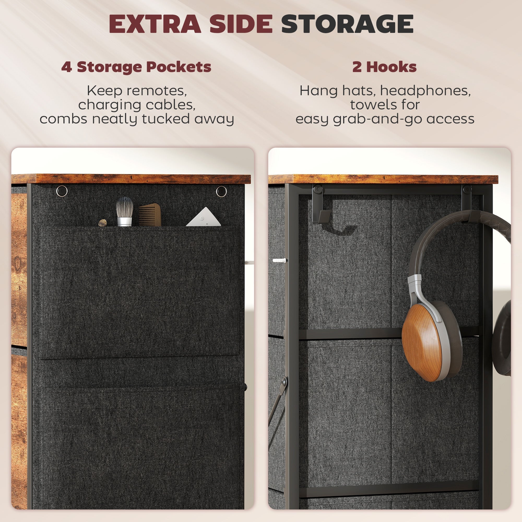 Homcom chest of four fabric drawers with black fabric, wooden top, steel frame, two hooks, and adjustable feet