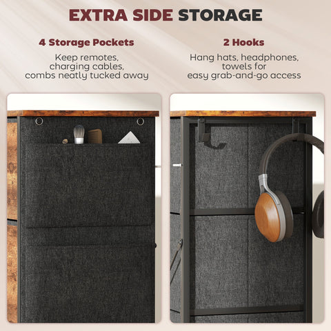 Homcom chest of four fabric drawers with black fabric, wooden top, steel frame, two hooks, and adjustable feet