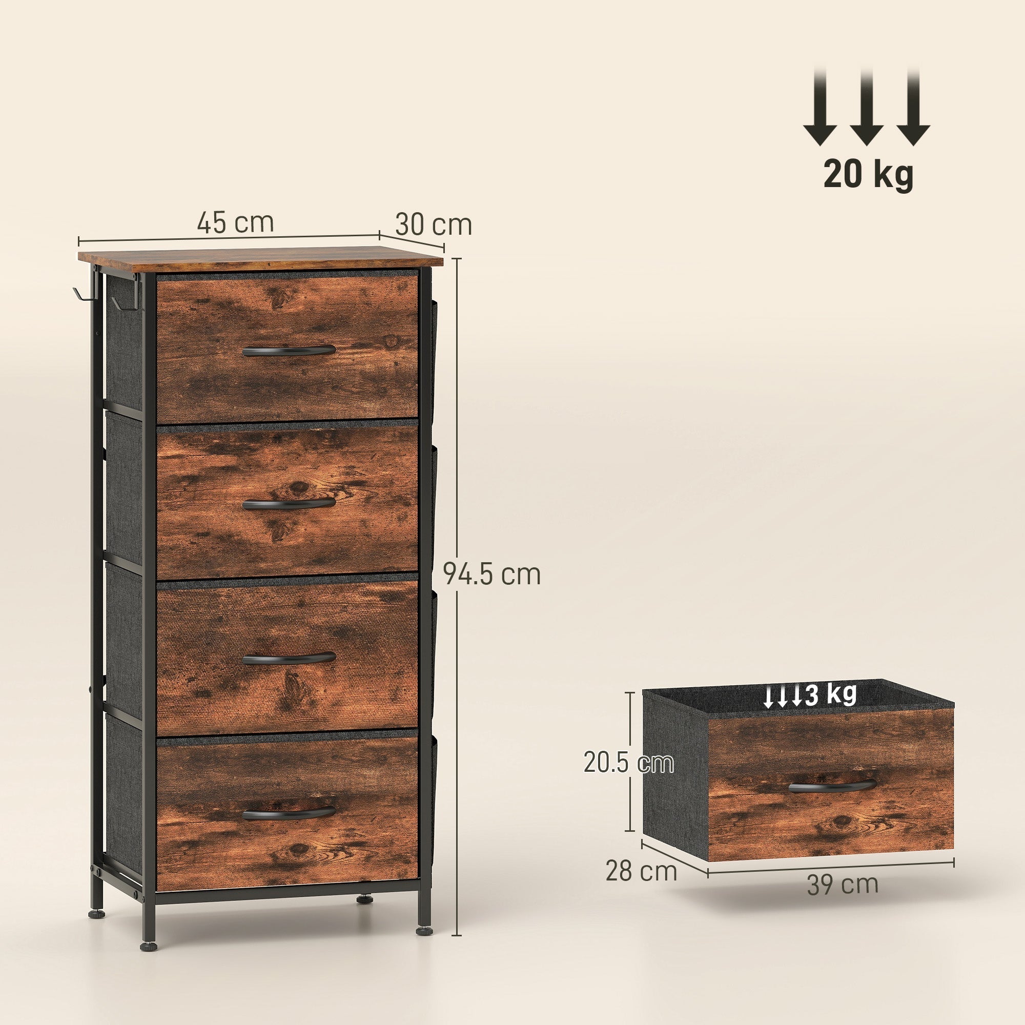Industrial-style HOMCOM chest of four fabric drawers with rustic brown wood fronts steel frame and adjustable feet