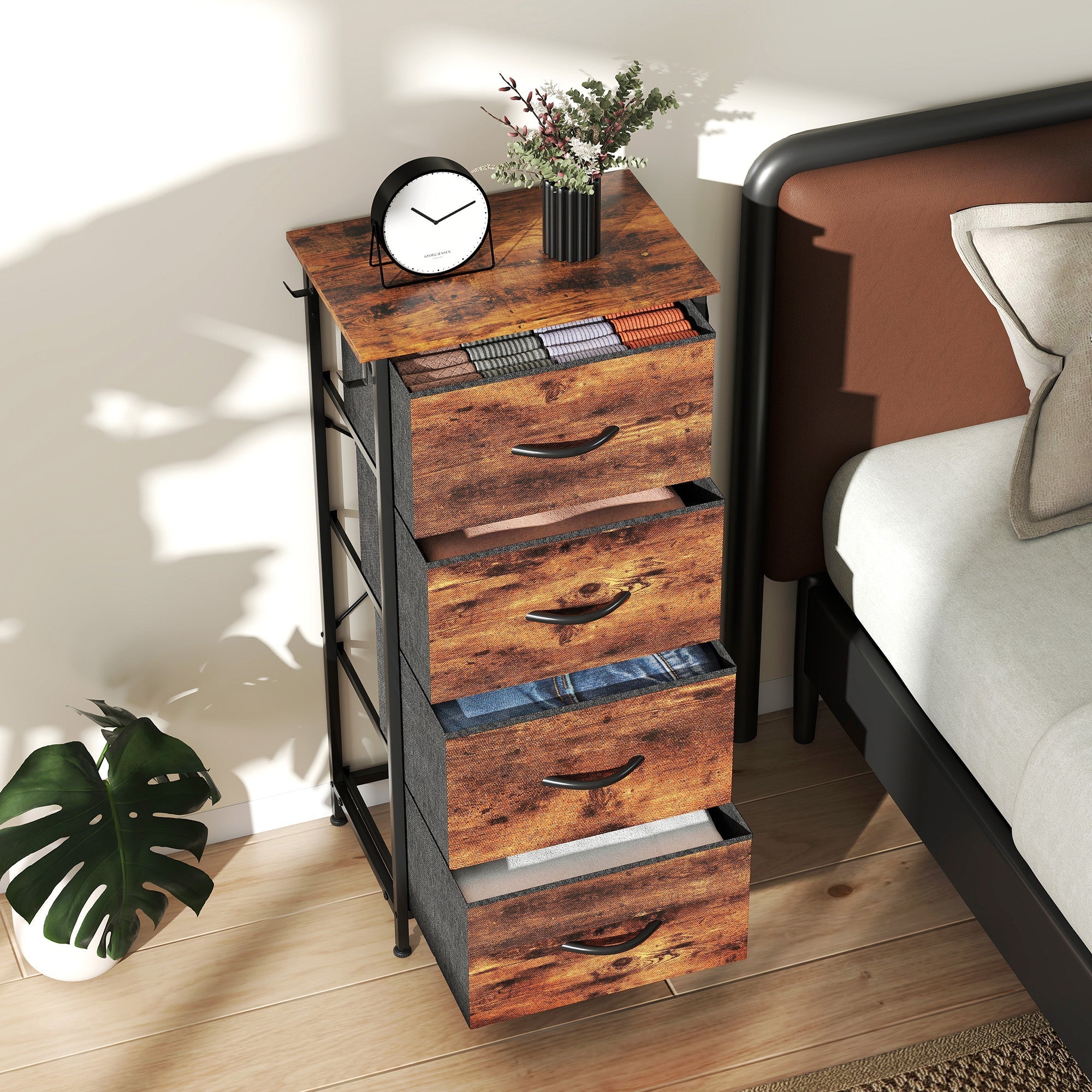 Rustic brown homcom chest of four fabric drawers nightstand with steel frame adjustable feet and two hooks
