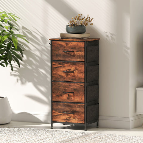 Rustic brown homcom chest of four fabric drawers with steel frame, black handles, and adjustable feet for sturdy storage